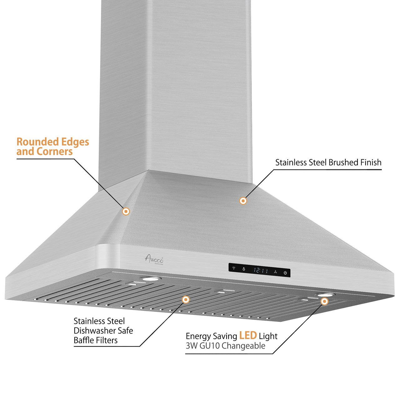Awoco RH-WT-C Wall Mount Stainless Steel Range Hood, 3 Speeds, 1000CFM, 2 LED Lights, Remote Control, With 8” Blower Unit