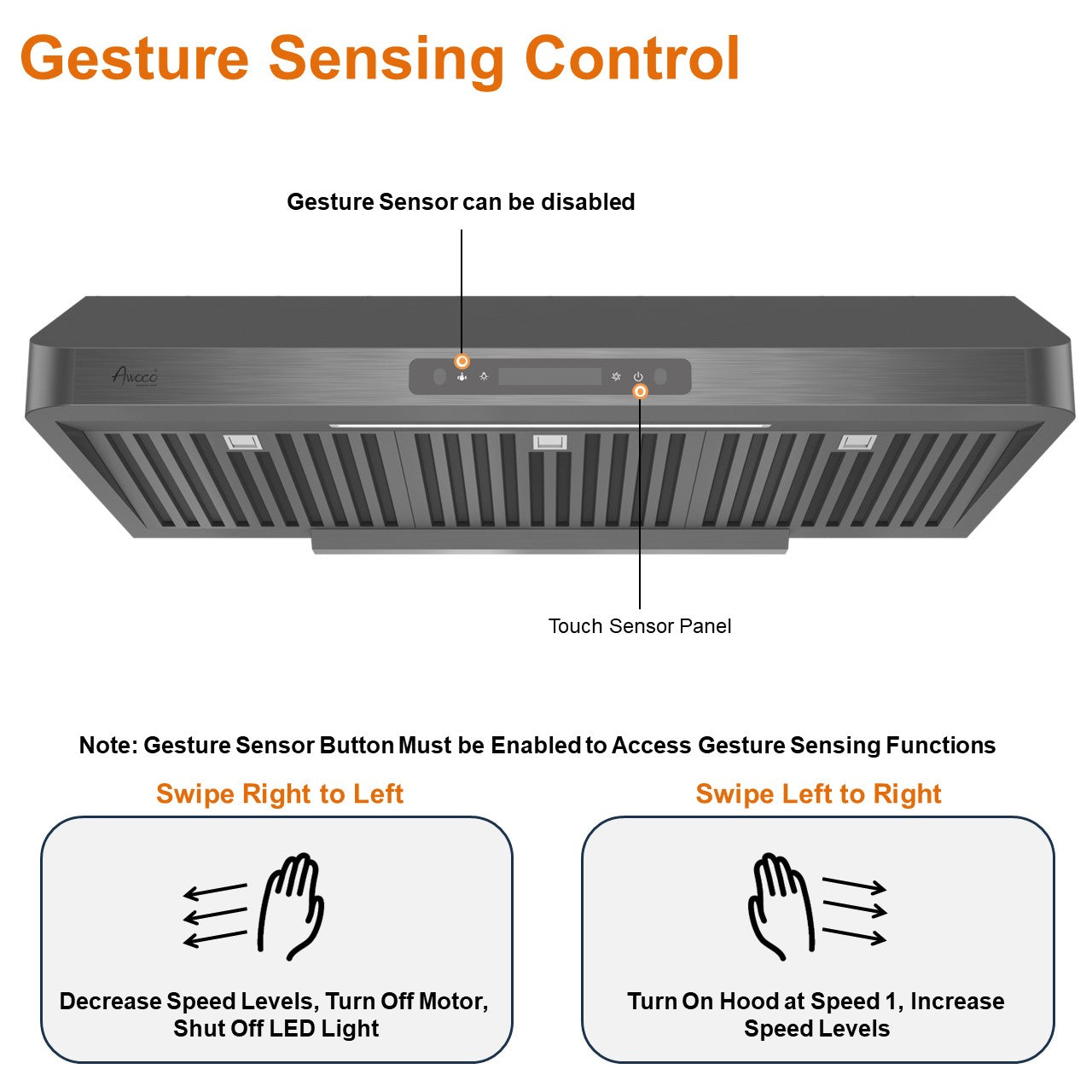 Awoco 36 inches Black Stainless Steel Under Cabinet Range Hood with Gesture Control Feature