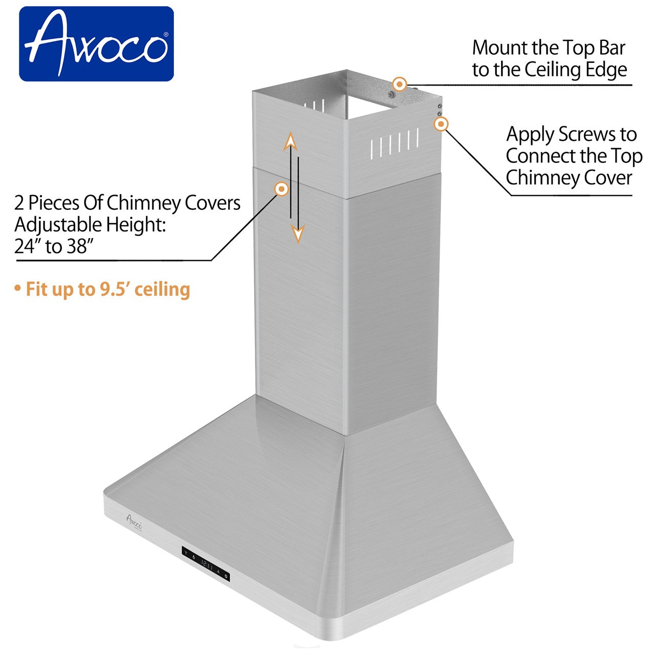 Awoco RH-WT-C Wall Mount Stainless Steel Range Hood, 3 Speeds, 1000CFM, 2 LED Lights, Remote Control, With 8” Blower Unit