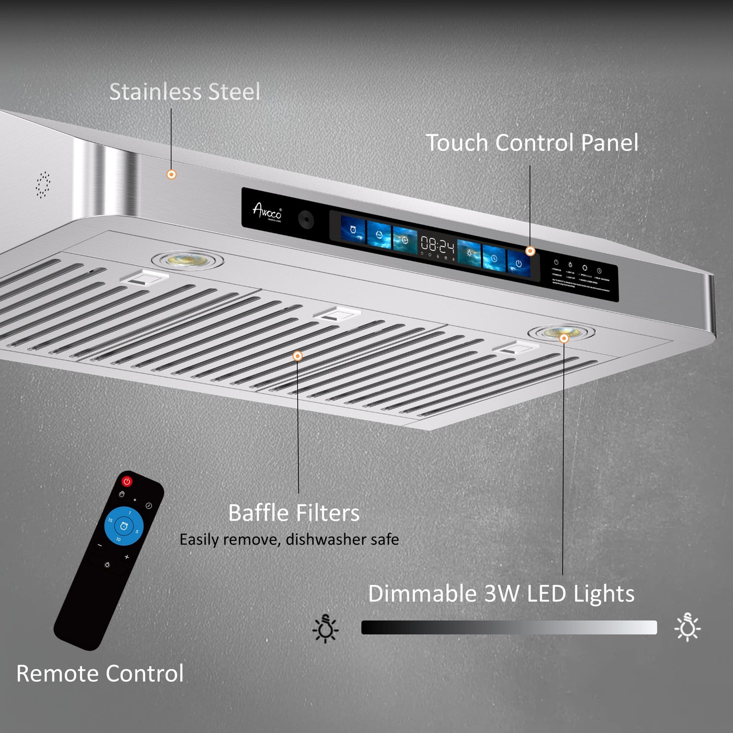 Awoco 30 inch High-CFM Stainless Steel Under Cabinet Range Hood with Dishwasher-Safe Baffle Filters