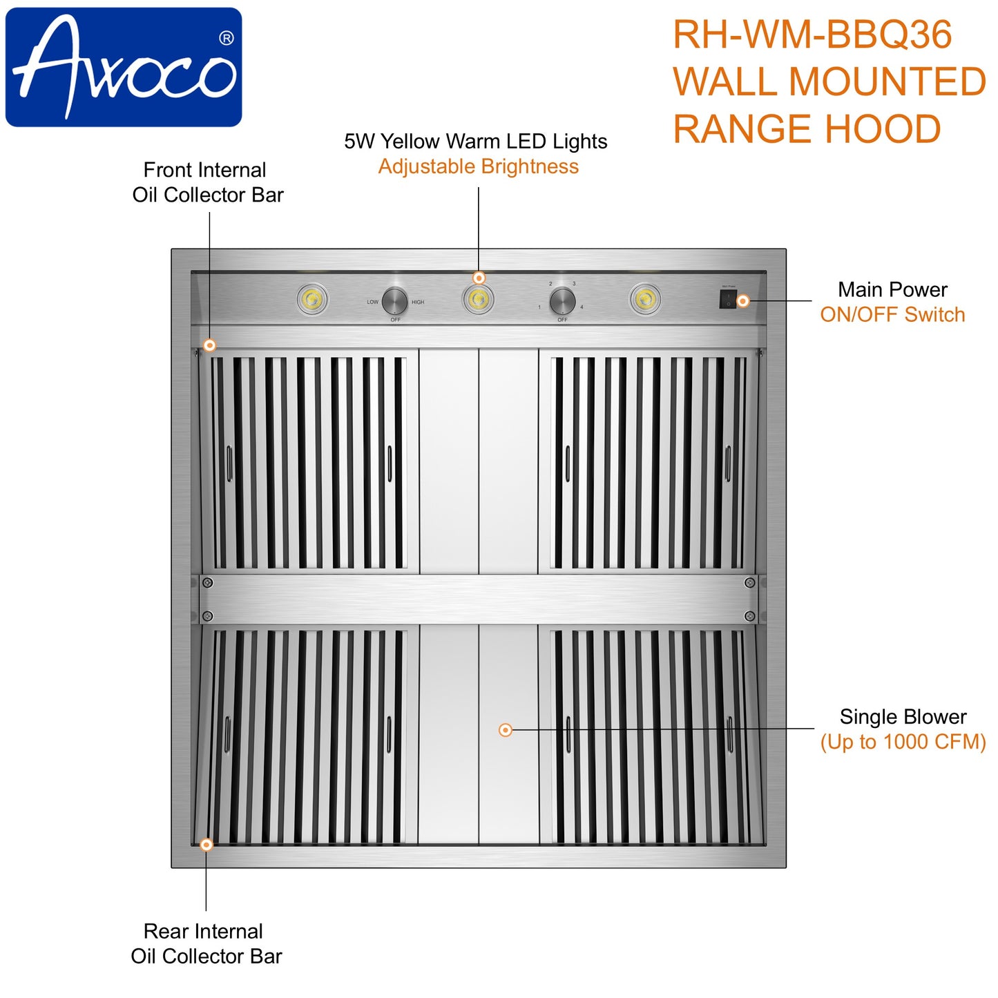 Awoco 36" Outdoor BBQ Vent Hood 18" High Type 304 Stainless Steel, 4 Speeds 1000 CFM, Adjustable LED Lights, 8” Round Top Vent