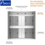 Awoco 36" Outdoor BBQ Vent Hood 18" High Type 304 Stainless Steel, 4 Speeds 1000 CFM, Adjustable LED Lights, 8” Round Top Vent