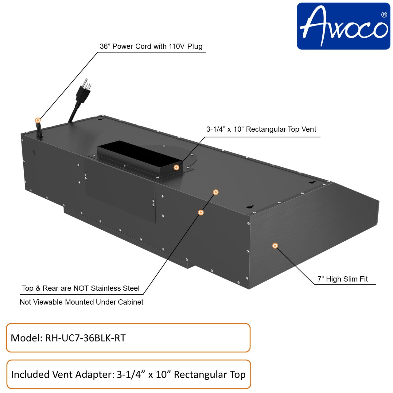 Awoco 36 inch Black Stainless Steel 3-1/4 x 10 inch Rectangular top vent under cabinet range hood with 8 inch top vent