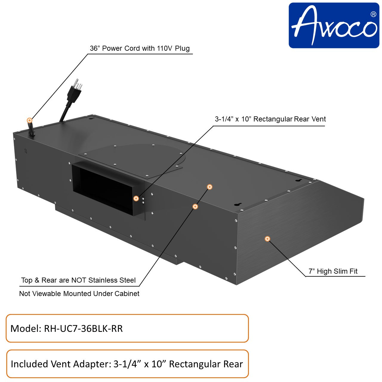 Awoco 36 inch Black Stainless Steel under cabinet range hood with 3-1/4" x 10" rear Rectangular Vent