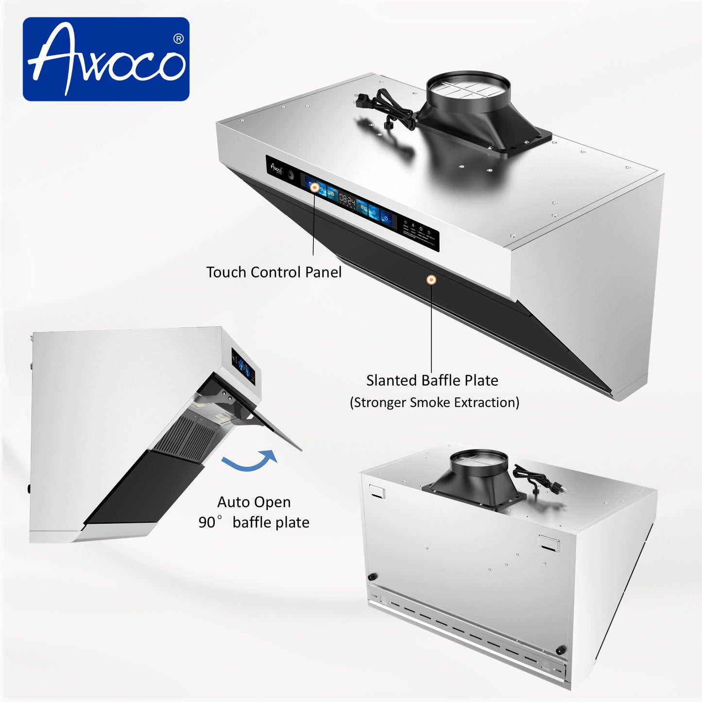 Awoco 30 inch under-cabinet stainless steel slant vent range hood with Touch Control