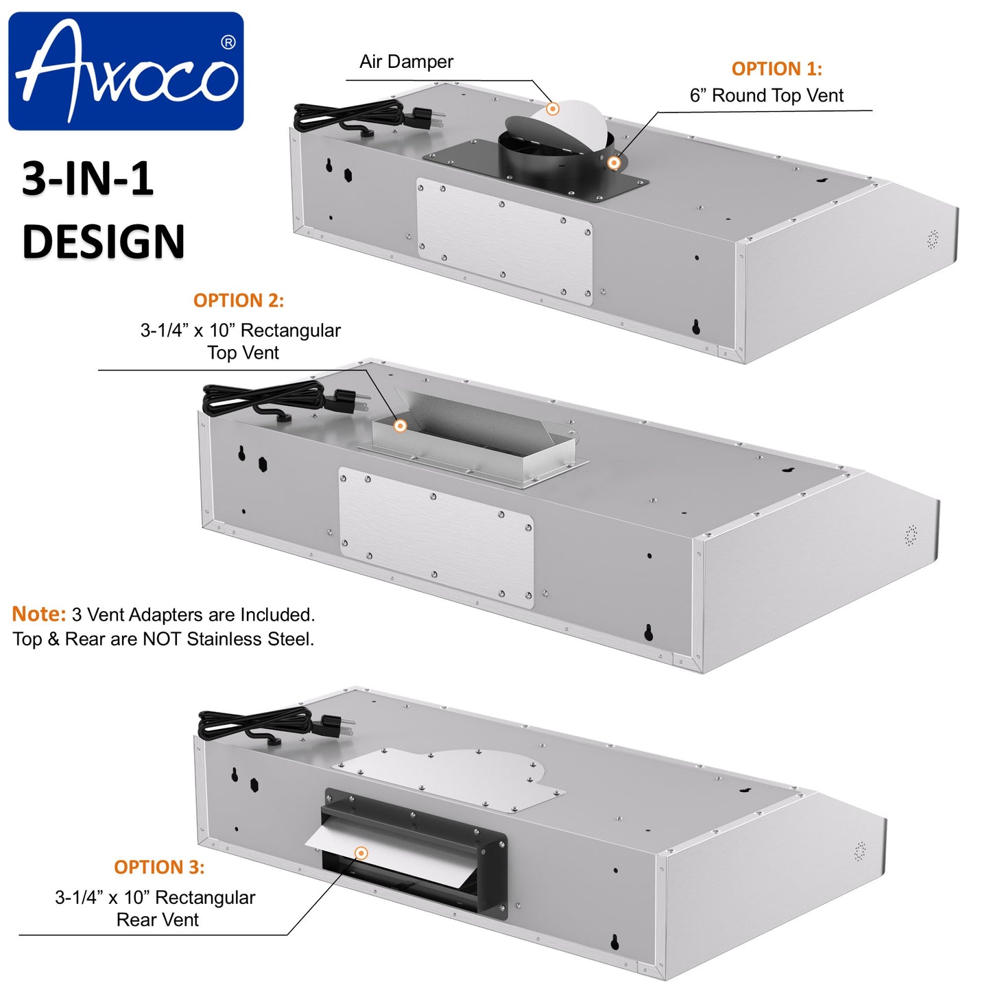 Awoco 30 inch under cabinet range hood with 3 different vent adapters