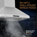 Awoco RH-WT-C Wall Mount Stainless Steel Range Hood, 3 Speeds, 1000CFM, 2 LED Lights, Remote Control, With 8” Blower Unit