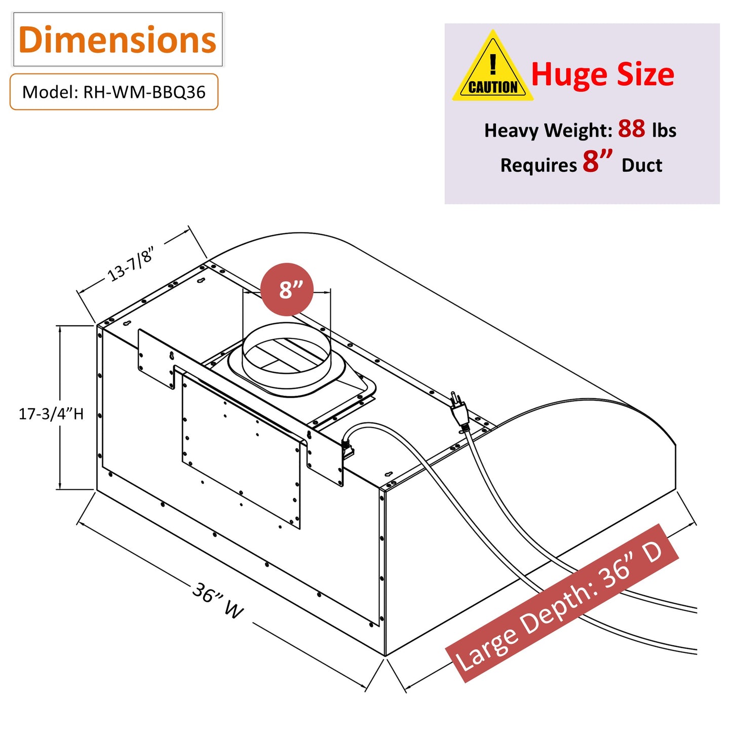 Awoco 36" Outdoor BBQ Vent Hood 18" High Type 304 Stainless Steel, 4 Speeds 1000 CFM, Adjustable LED Lights, 8” Round Top Vent
