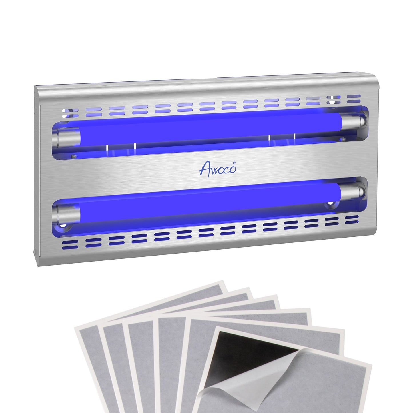 Awoco FT-2G30SS 12W LED Stainless Steel 100V-240V Wall Mount Sticky Fly Trap Lamp for Capturing Flies, Mosquitoes, Moths and Flying Insects, Perfect for home, restaurants, kitchens, warehouses