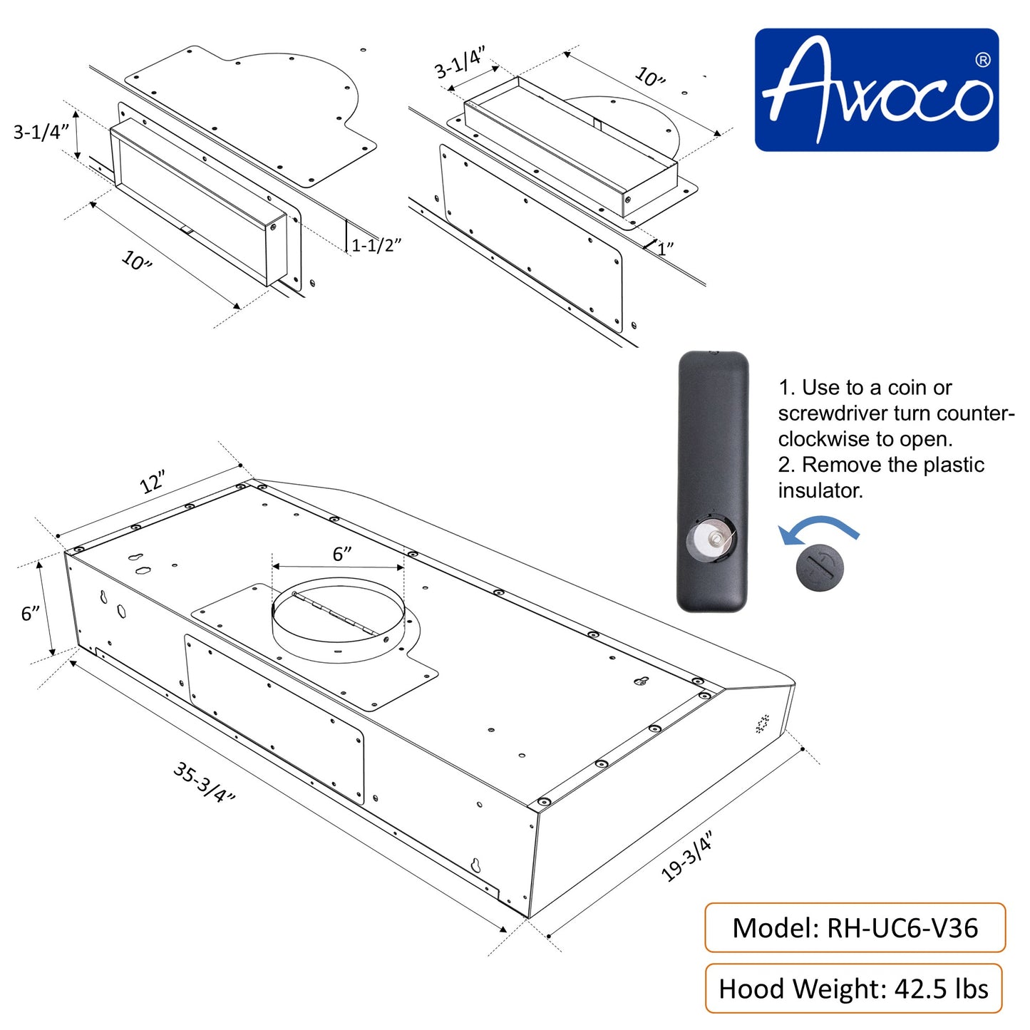 Awoco 36 inch Stainless Steel Under Cabinet Range Hood with Remote Control
