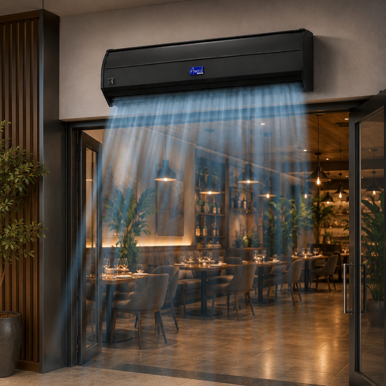 A wall-mounted fm1509 black air curtain installed above restaurant entrance, includes a dining area inside the restaurant.