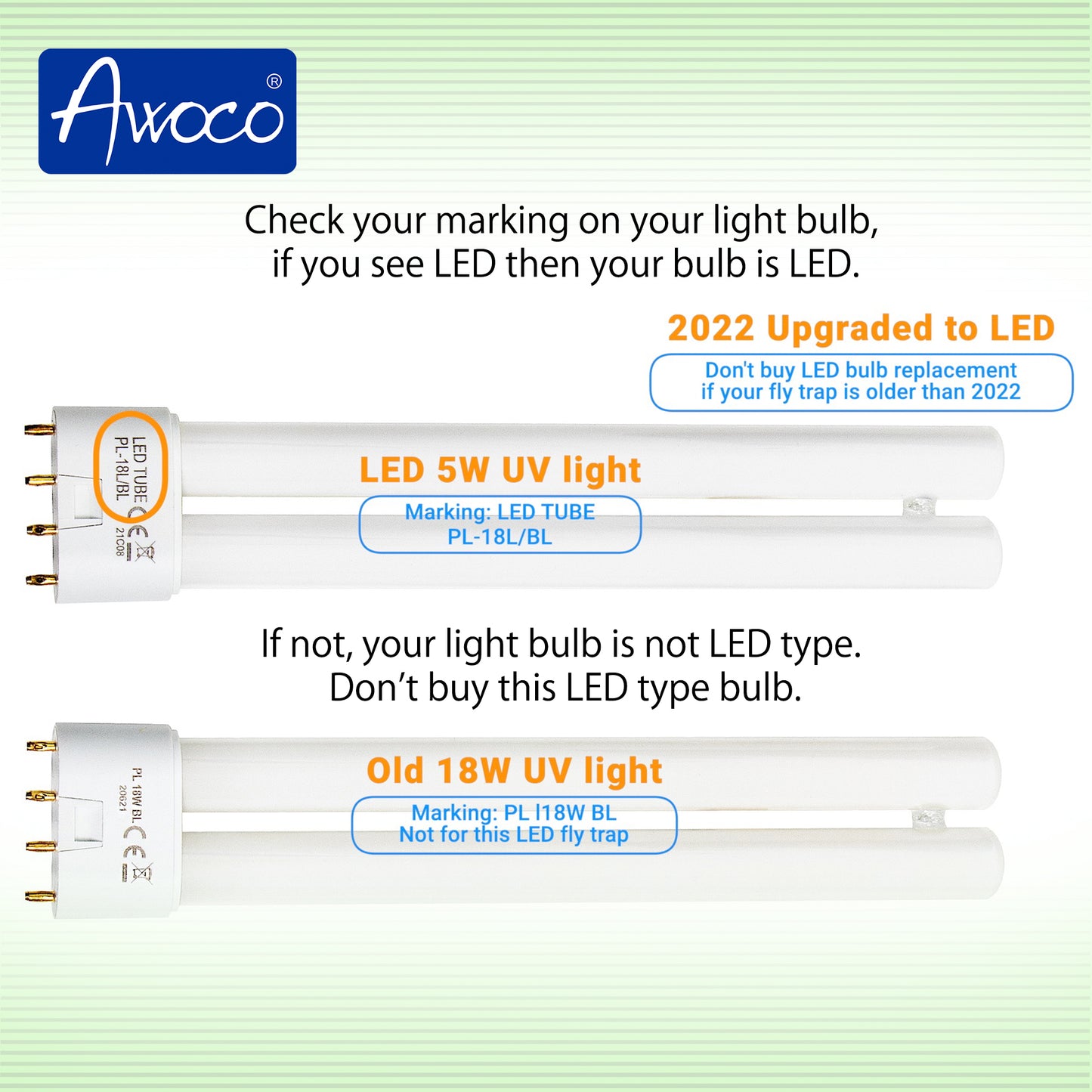 Awoco Type C-LED UV Tube PL-18L/BL 5 W LED UV Light Bulb for Wall Mount Sticky Fly Trap Lamp FT-1C18-LED