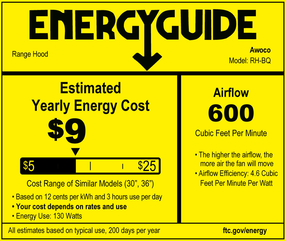 RH-BQ-DTLS Ductless Range Hood Insert Energy guide with 600 cfm
