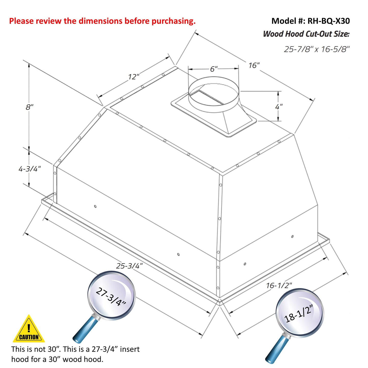 Awoco RH-BQ-X 18.5” Depth Ducted Built-in/Insert Stainless Steel Range Hood, 4-Speed, 700 CFM, LED Lights, Baffle Filters for Wood Hood