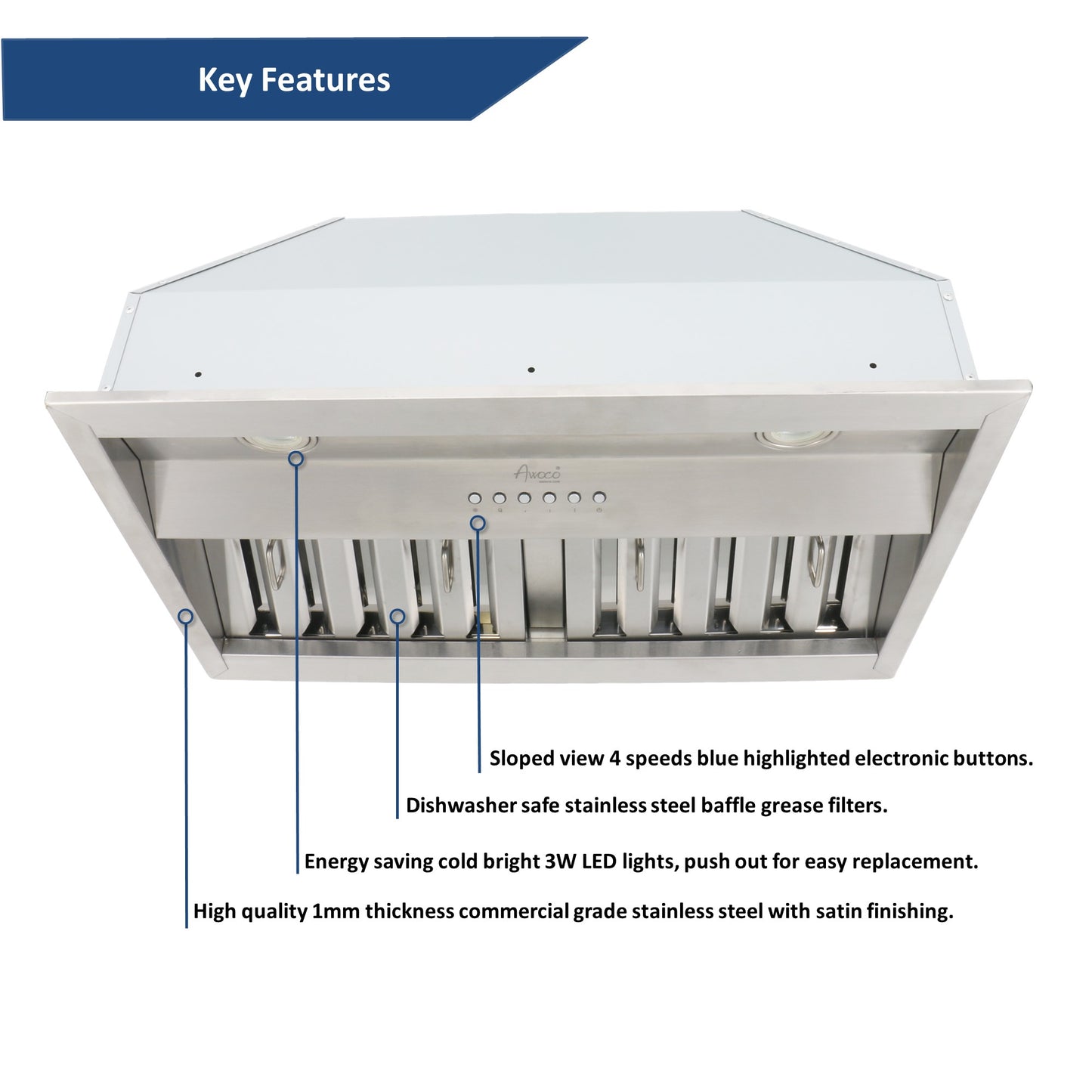 Awoco RH-BQ-X 18.5” Depth Ducted Built-in/Insert Stainless Steel Range Hood, 4-Speed, 700 CFM, LED Lights, Baffle Filters for Wood Hood