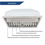 Awoco RH-BQ-X 18.5” Depth Ducted Built-in/Insert Stainless Steel Range Hood, 4-Speed, 700 CFM, LED Lights, Baffle Filters for Wood Hood