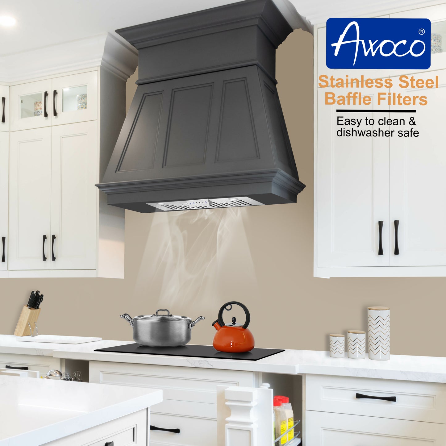 Awoco RH-IT06-M 14-1/2"D Super Quiet Split Insert Stainless Steel Range Hood, 4 Speeds with a 6" Blower Unit, 800CFM, LED Lights