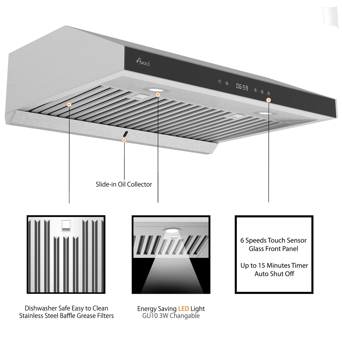 Awoco RH-C06-30 Classic 6 High Stainless Steel Under Cabinet 4 Speeds  900CFM Range Hood with 2 LED Lights Top Vent (30W Top Vent)