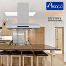 Awoco RH-WQ-36 Island Mount 43”H Stainless Steel Range Hood 4 Speeds, 6” Round Top Vent 900CFM 4 LED Lights & Remote Control (36” Island Mount)