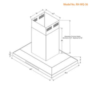 RH-WQ-36 Island Range Hood with Adjustable Chimney and dimension