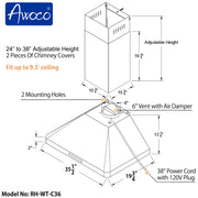 Awoco RH-WT-C Wall Mount Stainless Steel Range Hood, 3 Speeds, 6” Round Top Vent, 800CFM, 2 LED Lights, with Remote Control
