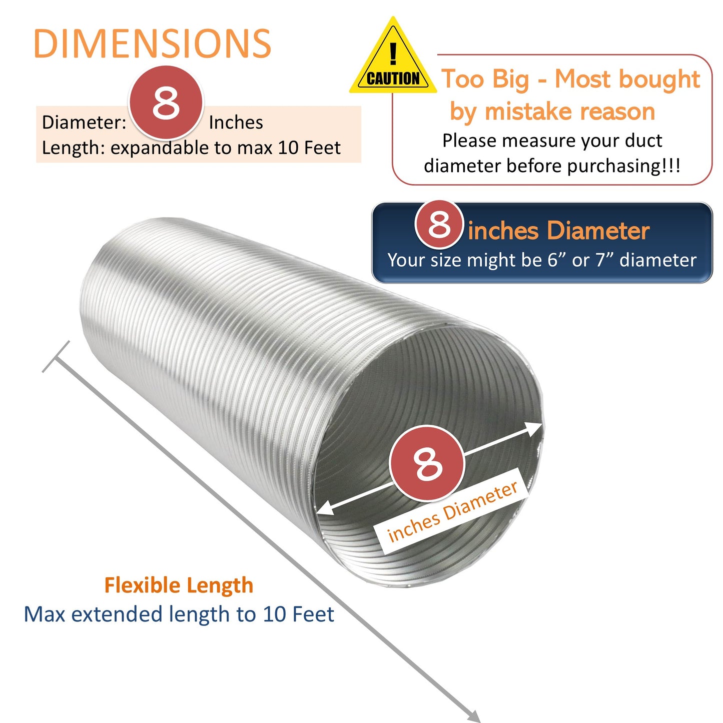 Awoco 8 Inches Diameter Semi-Rigid Flexible Aluminum Duct - Ideal for Kitchen, Bathroom, Range Hood Venting