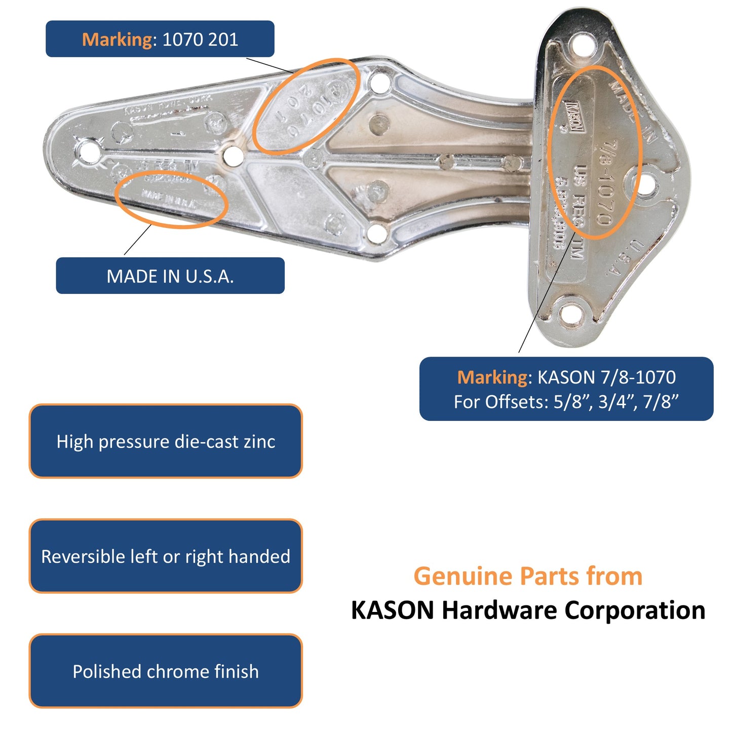 KASON 1070 Reversible Surfacemount Narrow Flange Hinge Chrome Finish for Restaurant Equipment