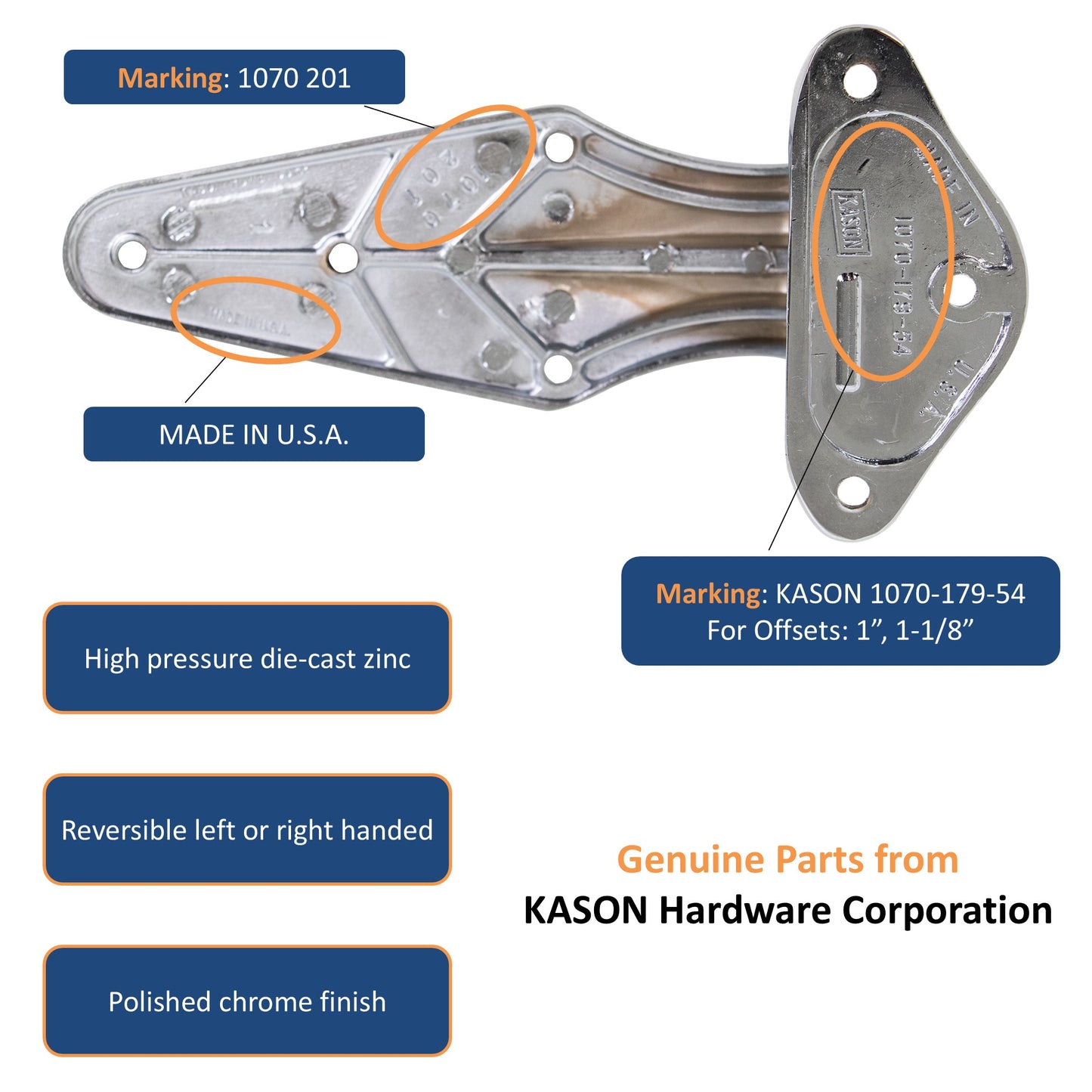 KASON 1070 Reversible Surfacemount Narrow Flange Hinge Chrome Finish for Restaurant Equipment