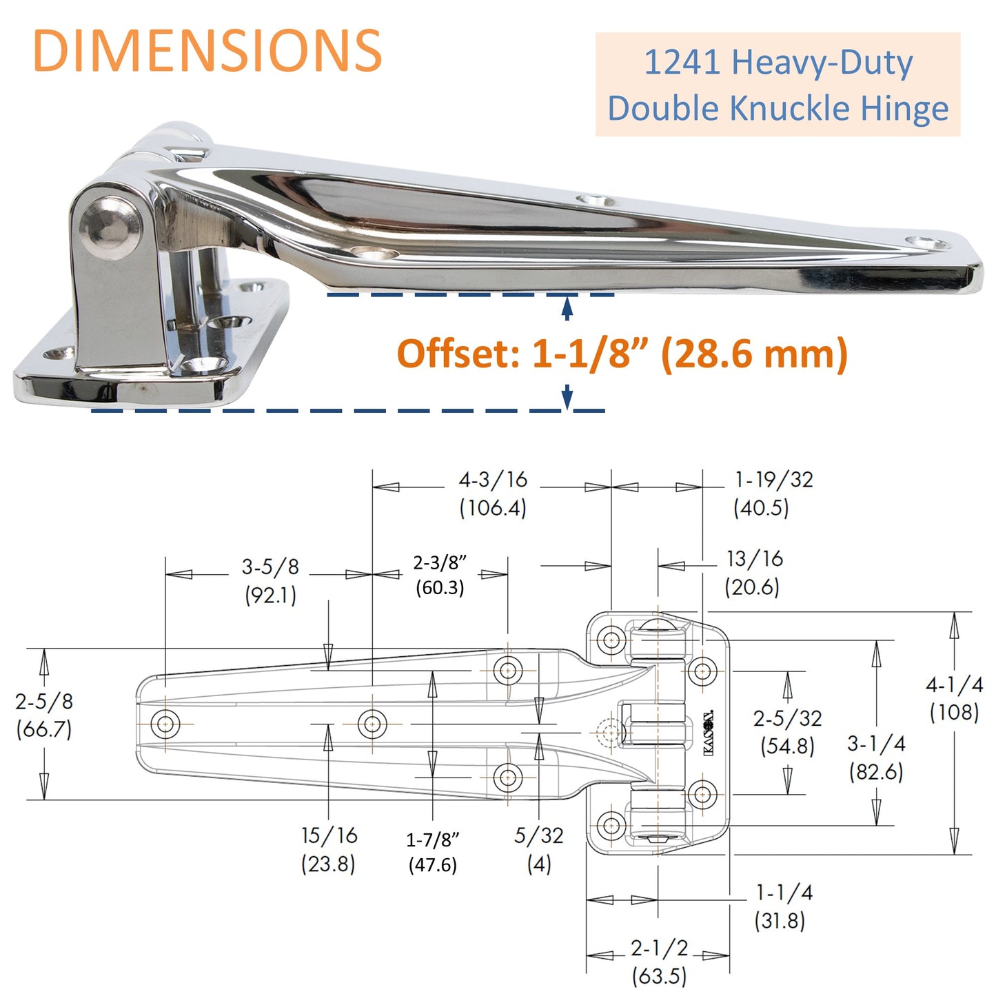 KASON 1241 Heavy Duty Reversible Surfacemount Double Knuckle Hinge Chrome Finish for Walk-in Freezer/ Cooler/ Refrigerator/ Restaurant Equipment