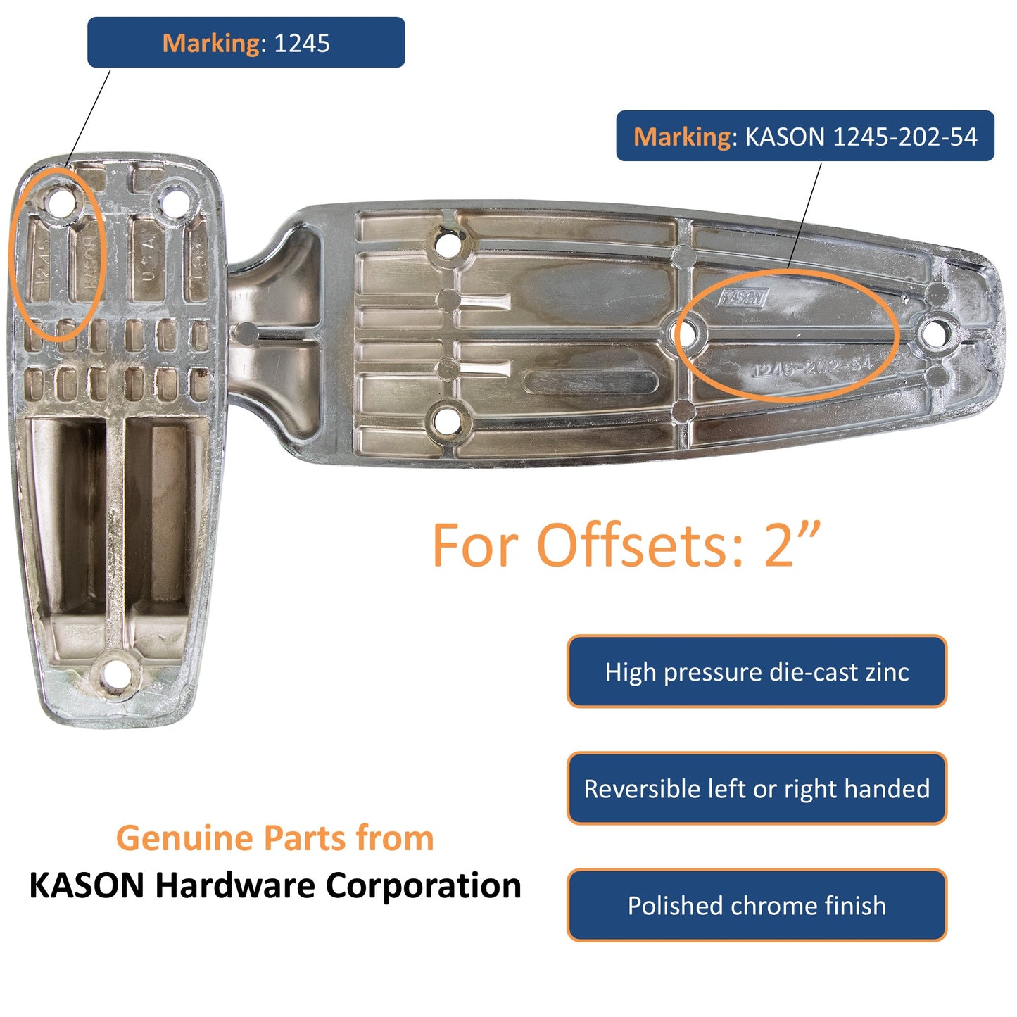 KASON 1245 Reversible Cam-Rise Walk-in Hinge Chrome Finish for Freezer/Cooler/Refrigerator