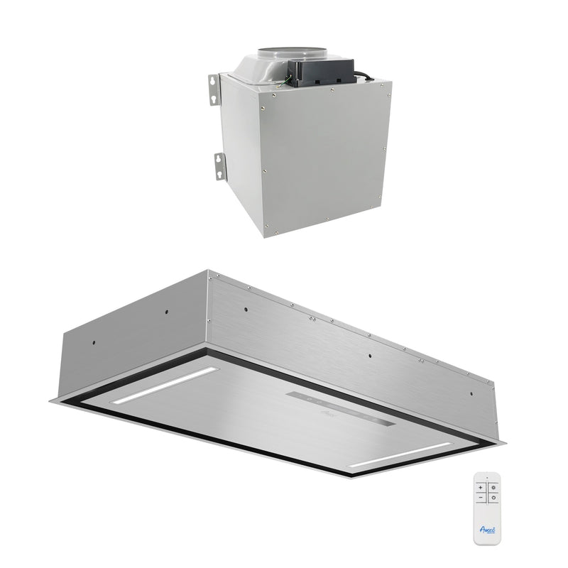 Awoco RH-IT08-CR Flush Ceiling Mount Split Insert Range Hood, Stainless Steel 4 Speeds 1000 CFM, 8” Round Vent LED Lights Remote Control