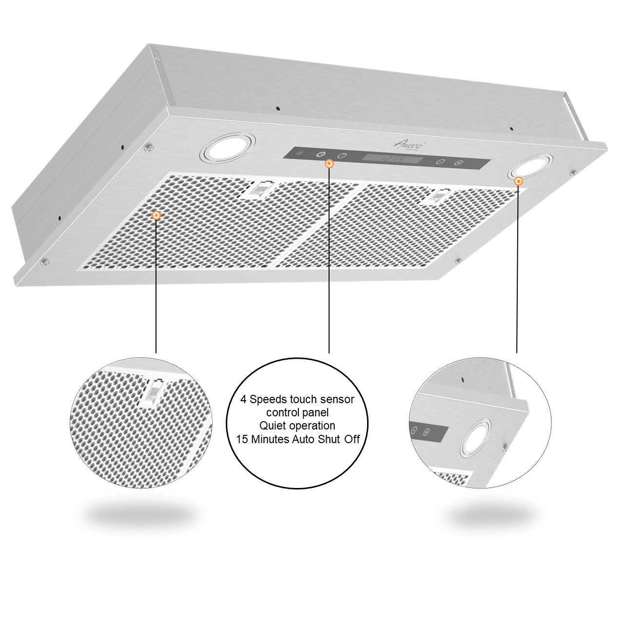 Awoco RH-IT08-R Ceiling Mount 14-1/2”D Super Quiet Split Stainless Steel Range Hood, 4-Speed, 1000 CFM, Mesh Filters, Remote Control with 8” Blower