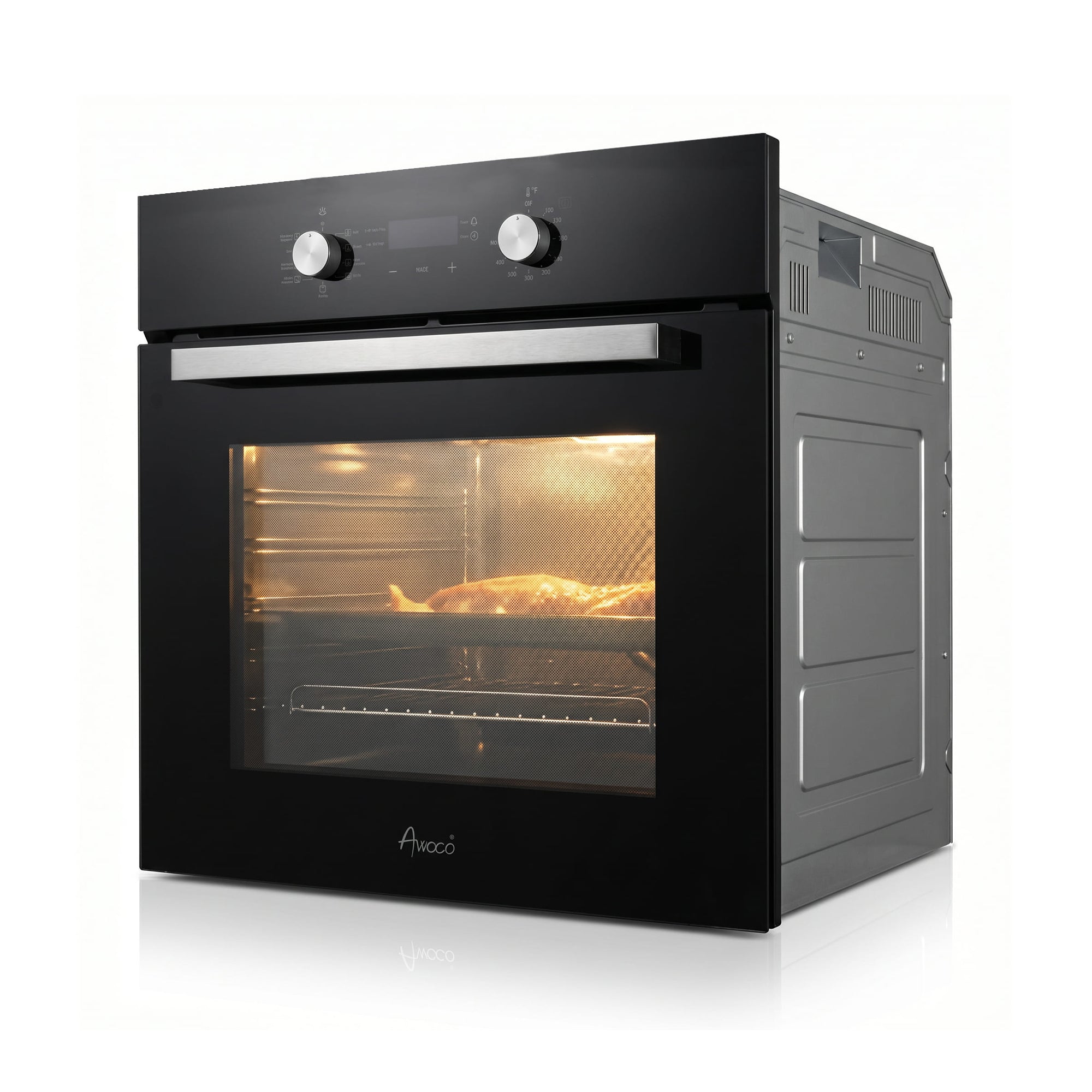Awoco 24” Built-in Electric Oven, 2.37 Cu ft. Single Wall Oven with 9 Cooking Modes, 360° Rotating Rotisserie, 3440W, Mechanical Knobs Control, LCD Display, Timer, Stainless Steel Wall Oven for Kitchen