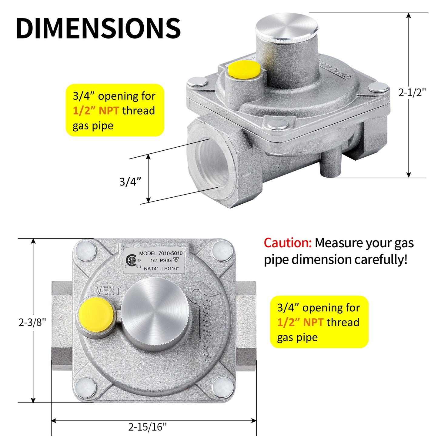 BurnTouch 7010-5010 Gas Regulator 1/2 PSIG 1/2" NPT Natural Gas and Liquid Propane NAT 5" - LPG 10" WC