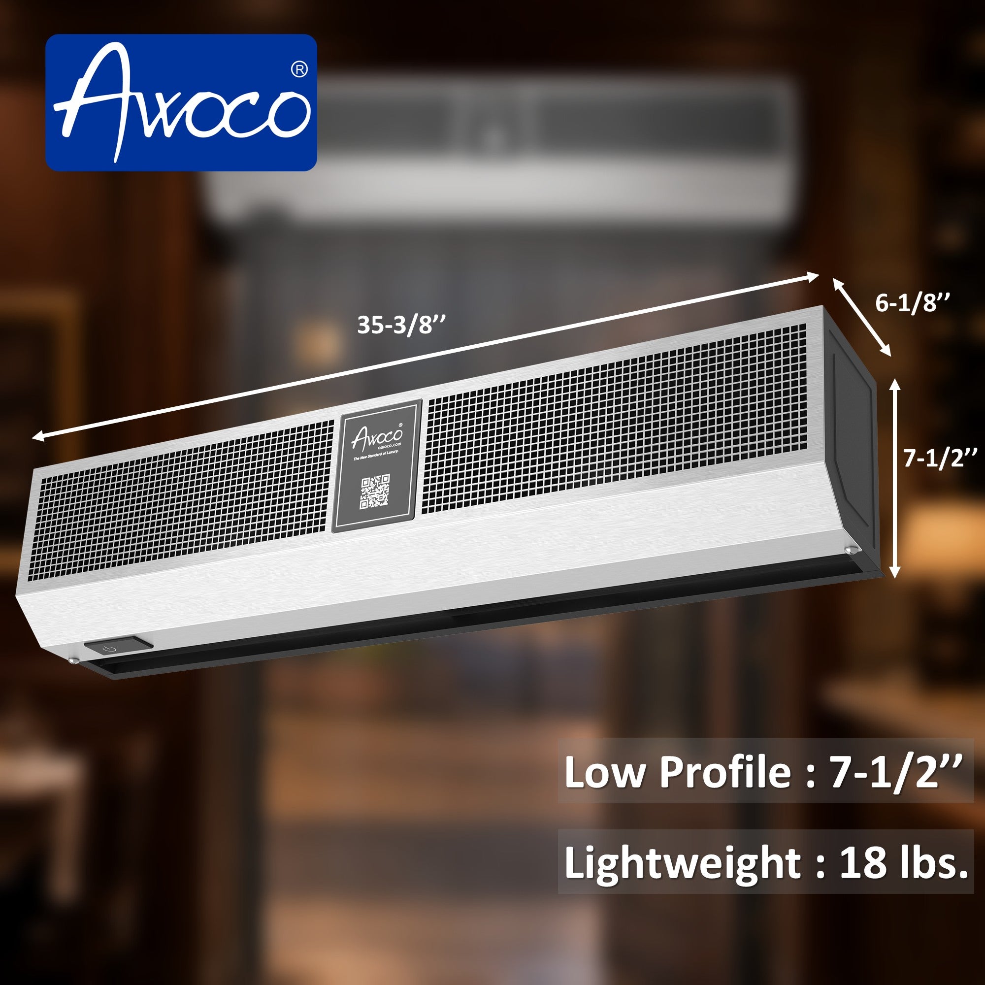 Awoco FM-DC-SS Signature Stainless Steel Air Curtain 3 Speeds Quiet DC Motor | 970CFM, 120VAC, Magnetic Switch, Remote Control, 98W Low Power Consumption, Compact & Lightweight, 7.5" Low Profile