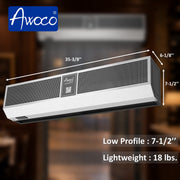 Awoco FM-DC-SS Signature Stainless Steel Air Curtain 3 Speeds Quiet DC Motor | 970CFM, 120VAC, Magnetic Switch, Remote Control, 98W Low Power Consumption, Compact & Lightweight, 7.5" Low Profile