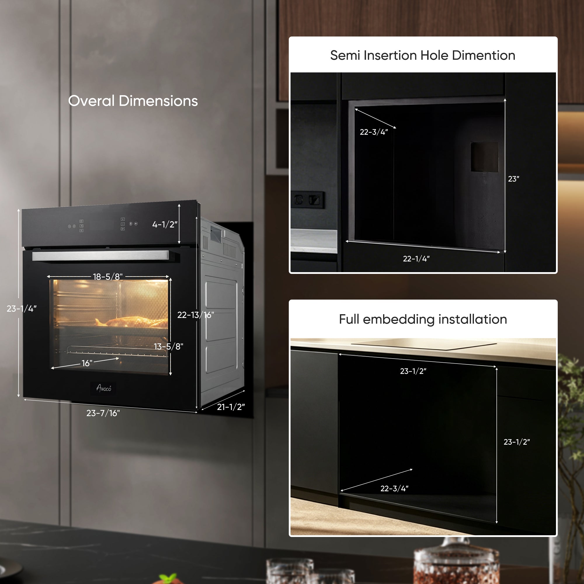 Awoco 24” Built-in Electric Oven, 2.37 Cu ft. Single Wall Oven with 11 Cooking Modes, 360° Rotating Rotisserie, 3440W, Touch Control, LCD Display, Timer, Stainless Steel Wall Oven for Kitchen