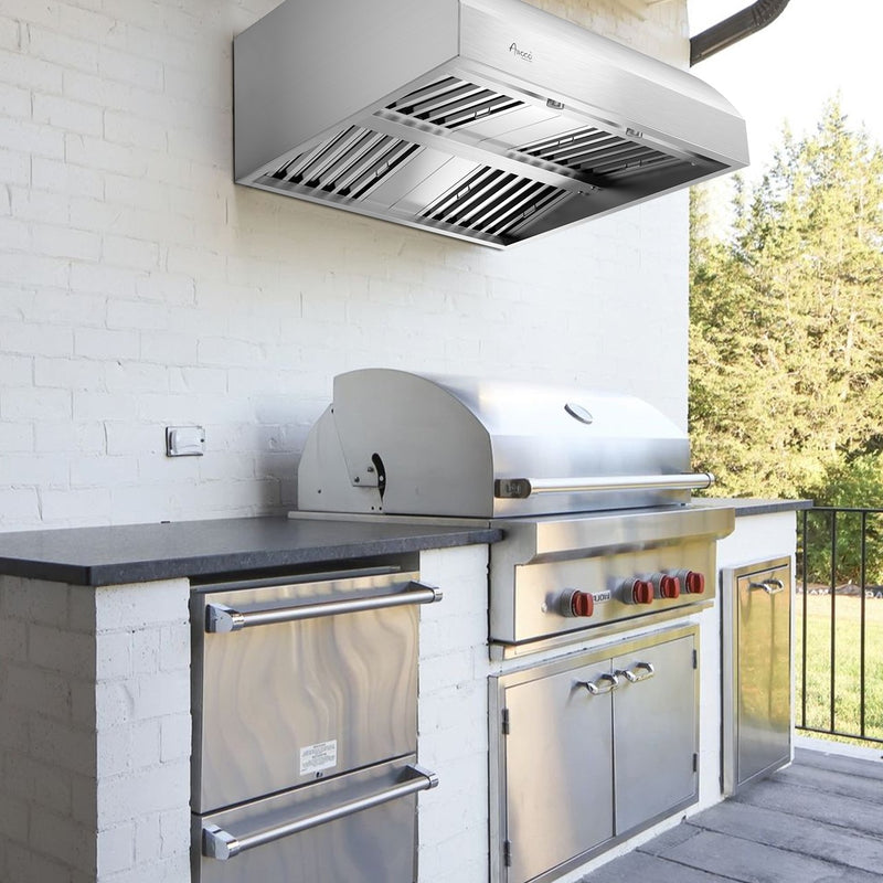 Awoco 36” Outdoor BBQ Vent Hood 17” High Type 304 Stainless Steel, 4 Speeds 1000 CFM, Adjustable LED Lights, 8” Round Top Vent