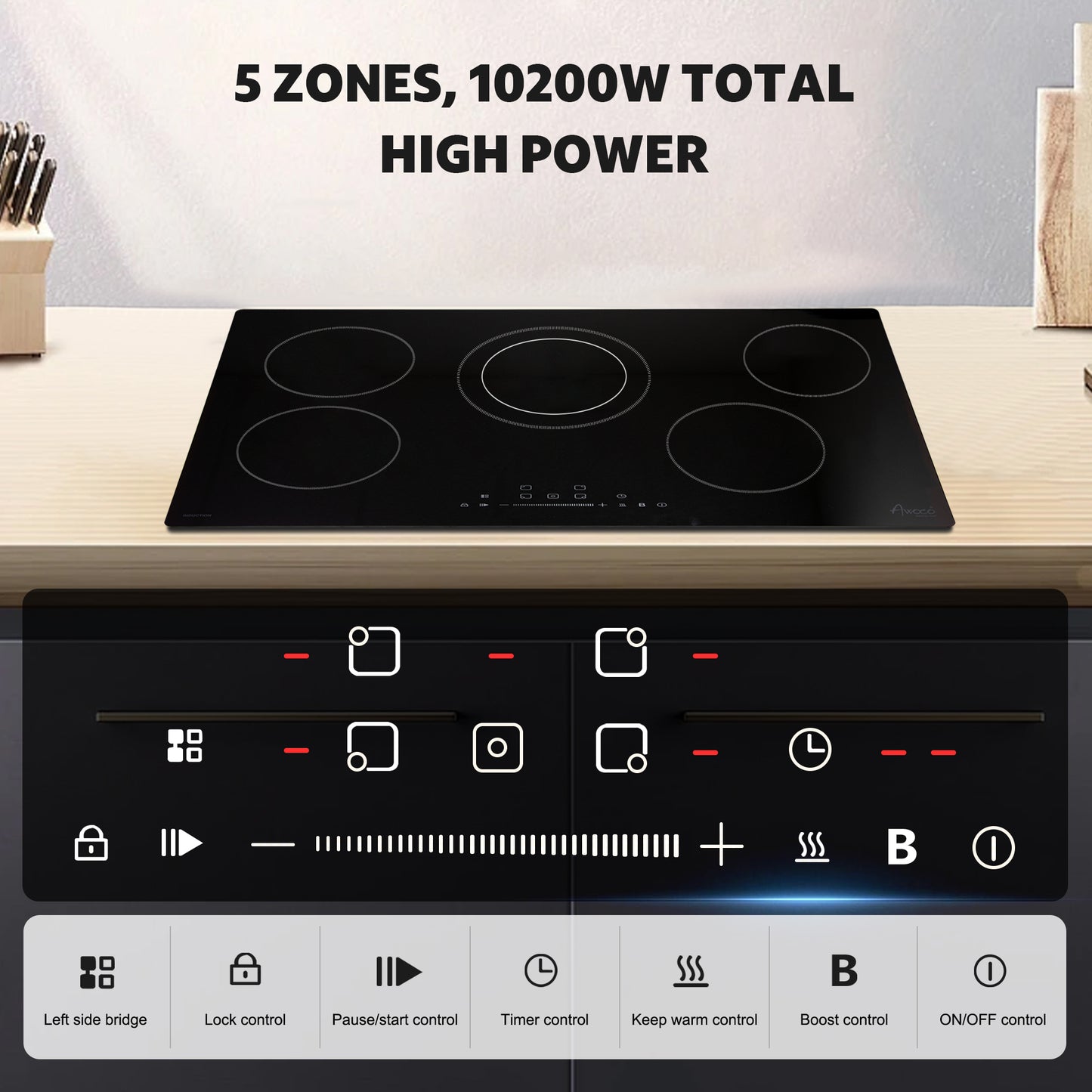 Awoco Ceramic Cooktop, Electric Stove with Burners with hard wire, 9 Power Levels Digital Timer Child Lock, Residual Heat Indicator, Automatic Shut-Off Easy Clean Touch Panel, 220-240V