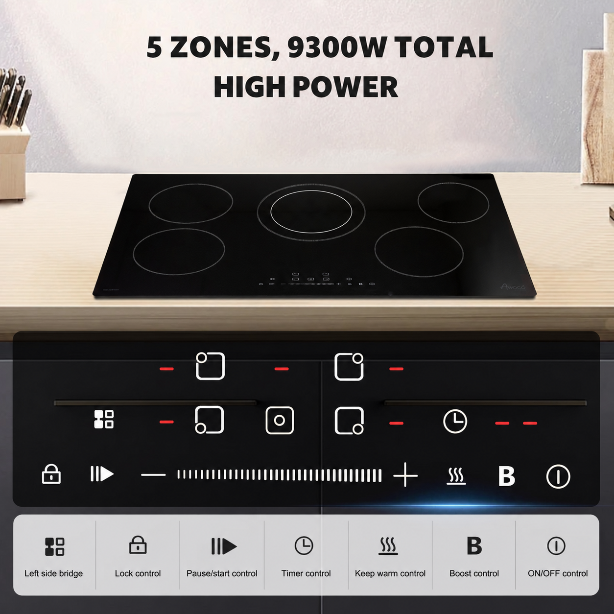 Awoco Ceramic Cooktop, Electric Stove with Burners with hard wire, 9 Power Levels Digital Timer Child Lock, Residual Heat Indicator, Automatic Shut-Off Easy Clean Touch Panel, 220-240V
