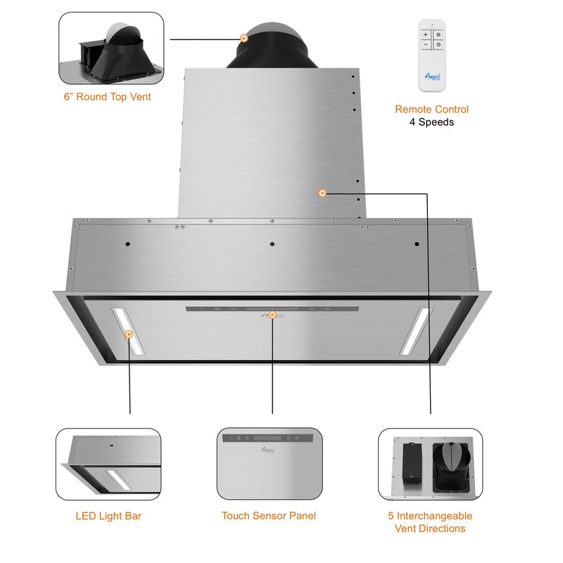 Awoco RH-BQ-CR Flush Ceiling Mount Insert Island Range Hood, Stainless Steel 4 Speeds 700 CFM, 6” Round Vent LED Lights Remote Control