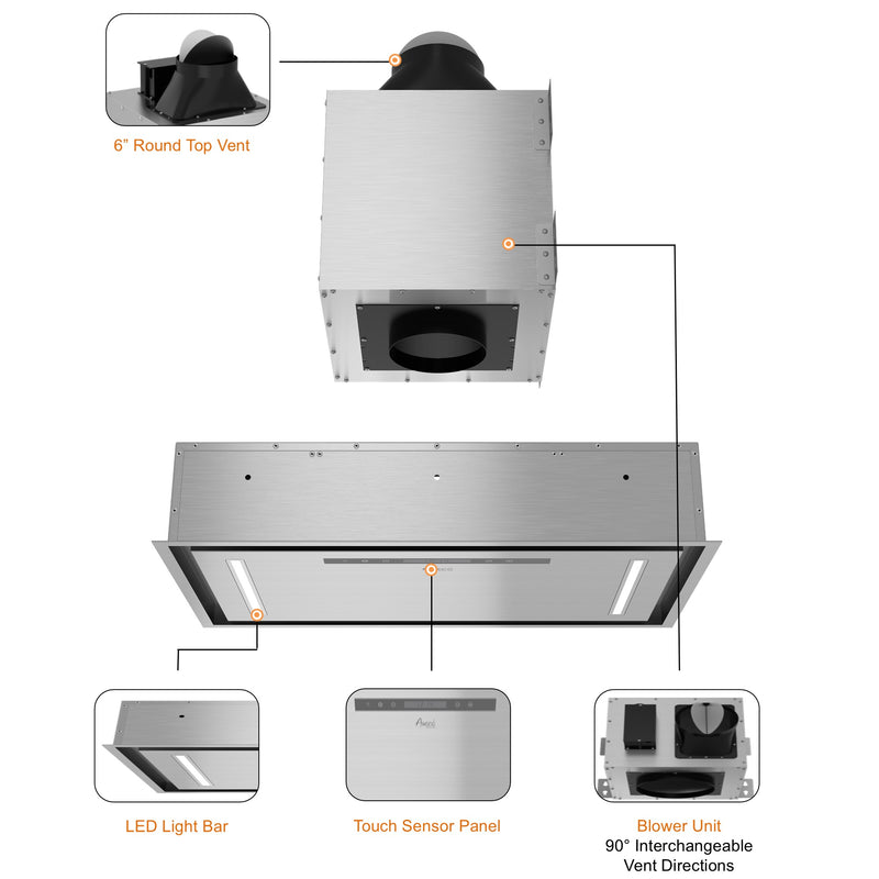 Awoco RH-IT06-CR Flush Ceiling Mount Split Insert Range Hood, Stainless Steel 4 Speeds 650 CFM, 6” Round Vent LED Lights Remote Control