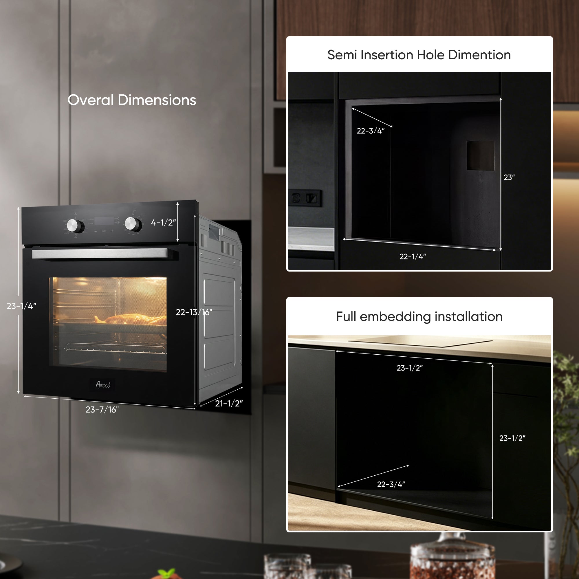 Awoco 24” Built-in Electric Oven, 2.37 Cu ft. Single Wall Oven with 9 Cooking Modes, 360° Rotating Rotisserie, 3440W, Mechanical Knobs Control, LCD Display, Timer, Stainless Steel Wall Oven for Kitchen