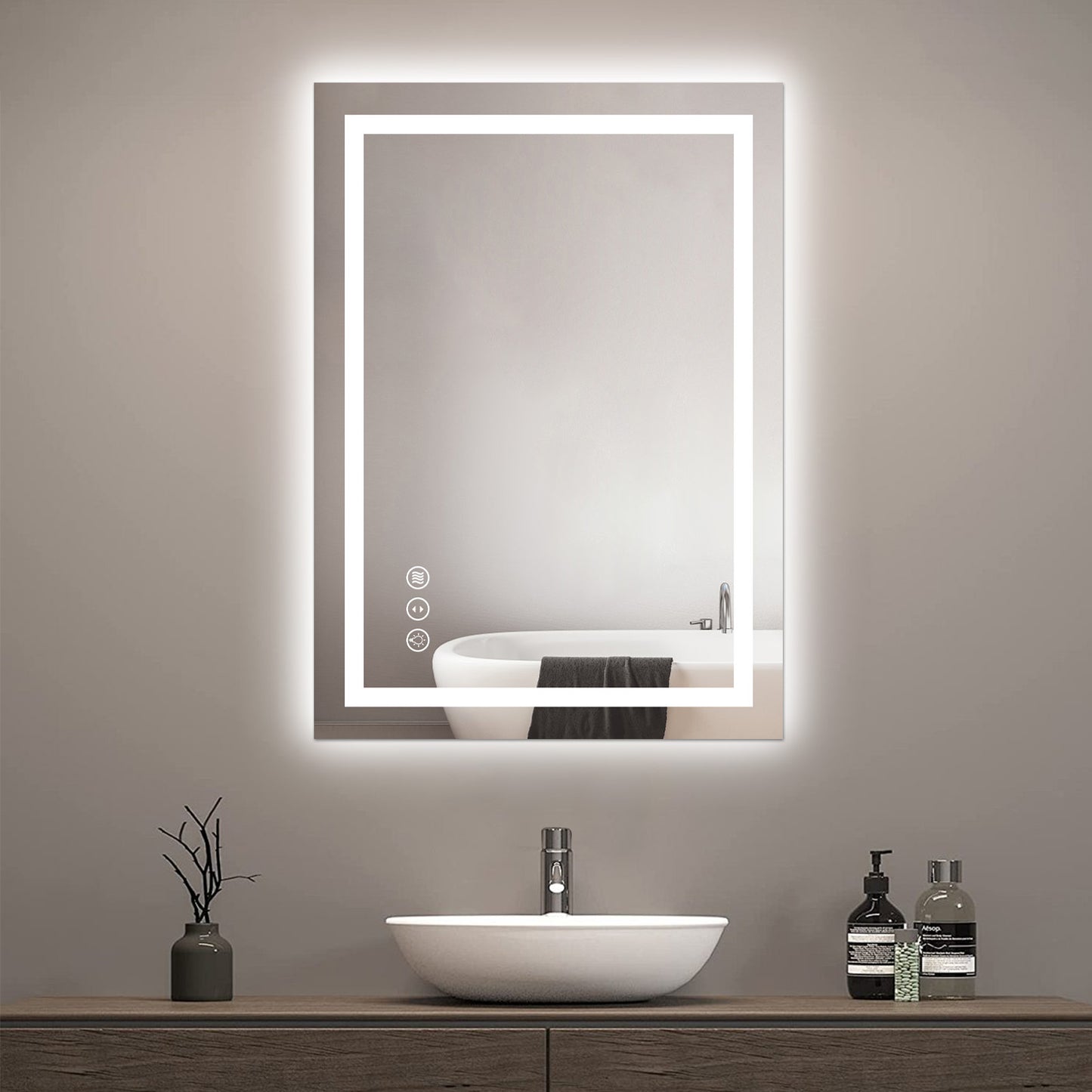 Awoco LED Bathroom Mirror with Light, Lighted Vanity Mirror with Backlit and Front Light, Dimmable Anti-Fog Memory Function Lighted Mirror with 3 Colors for Bathroom Wall