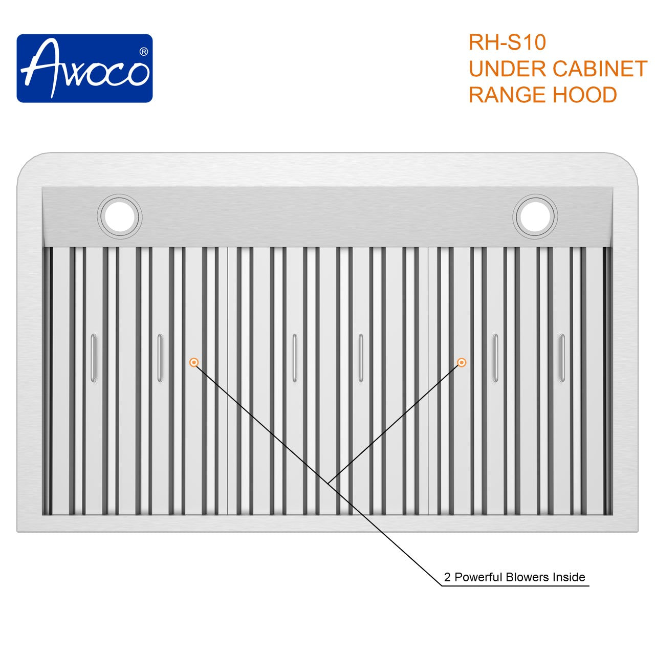 Awoco RH-S10 Under Cabinet Supreme 10” High Stainless Steel Range Hood, 4 Speeds, 8” Round Top Vent, 1000CFM, with Remote Control