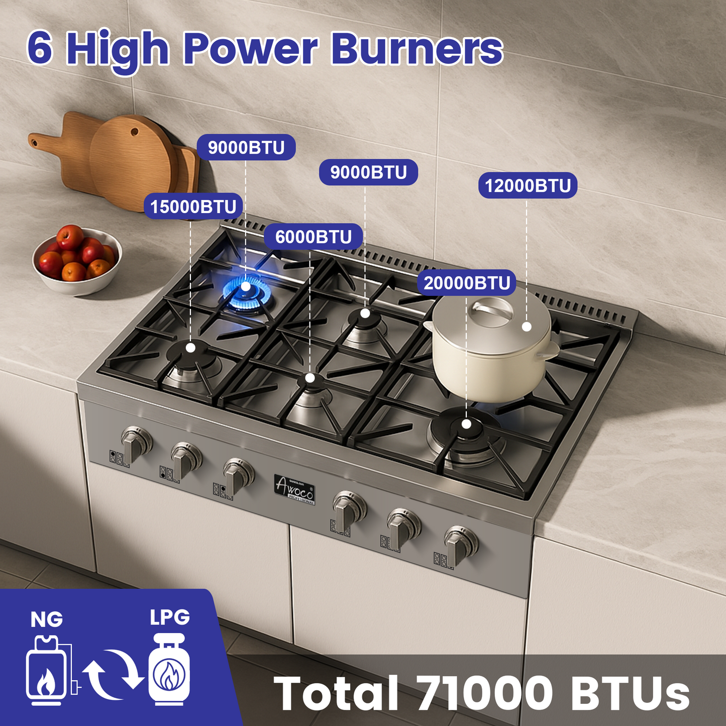 Awoco Professional 36” Stainless Steel NG / LPG Convertible Gas Rangetop with 6 Sealed Burners