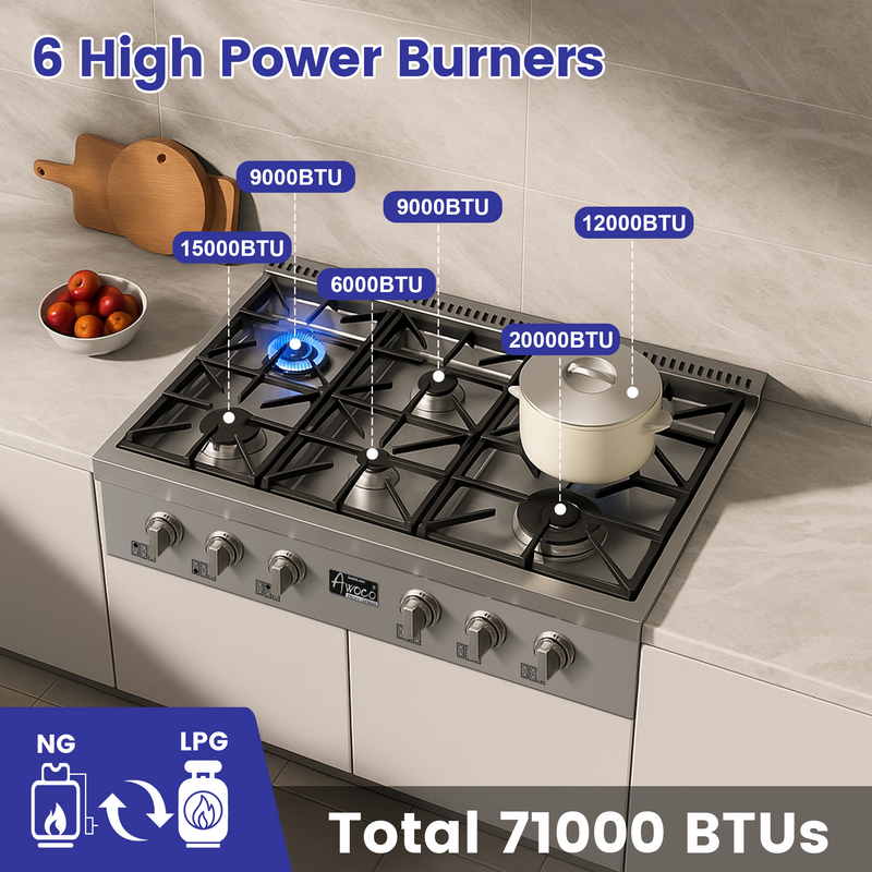 Awoco Professional 36” Stainless Steel NG / LPG Convertible Gas Rangetop with 6 Sealed Burners