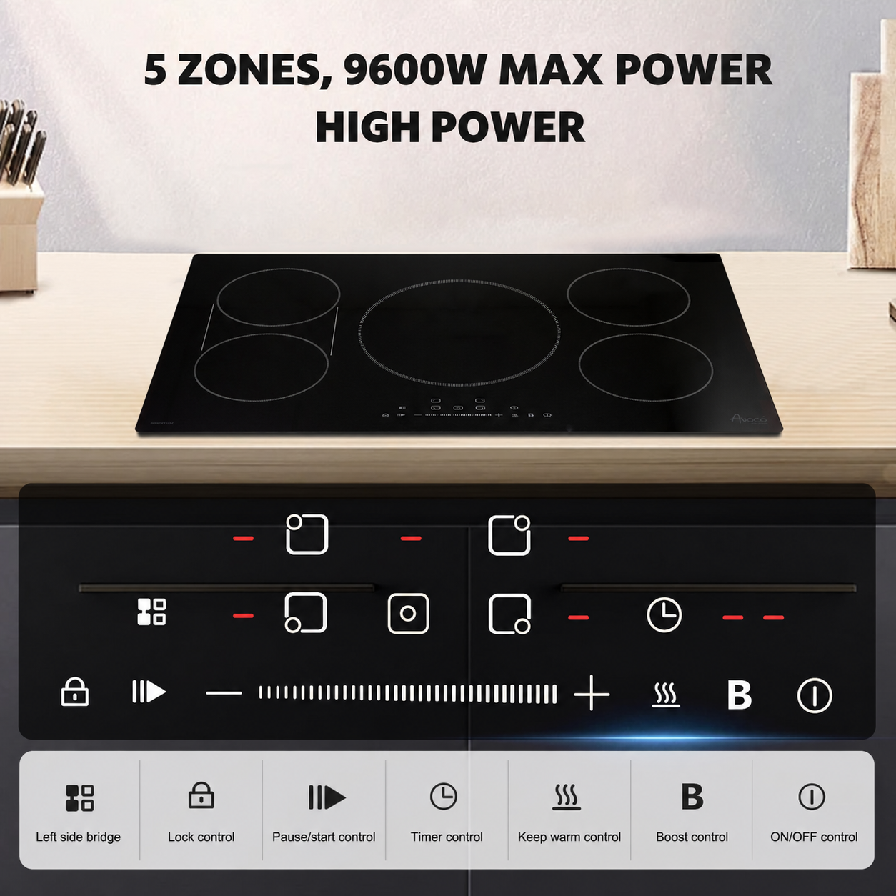 Awoco Induction Cooktop, built in induction Stove Top, Electric Cooktop with Boost Burners with 9 power level, Residual Heat Indicator, child safety lock, 220-240V with hard wire
