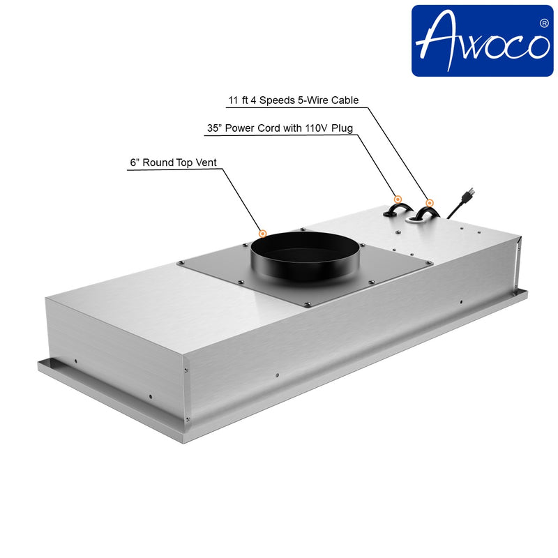 Awoco RH-IT08-R Ceiling Mount 14-1/2”D Super Quiet Split Stainless Steel Range Hood, 4-Speed, 1000 CFM, Mesh Filters, Remote Control with 8” Blower