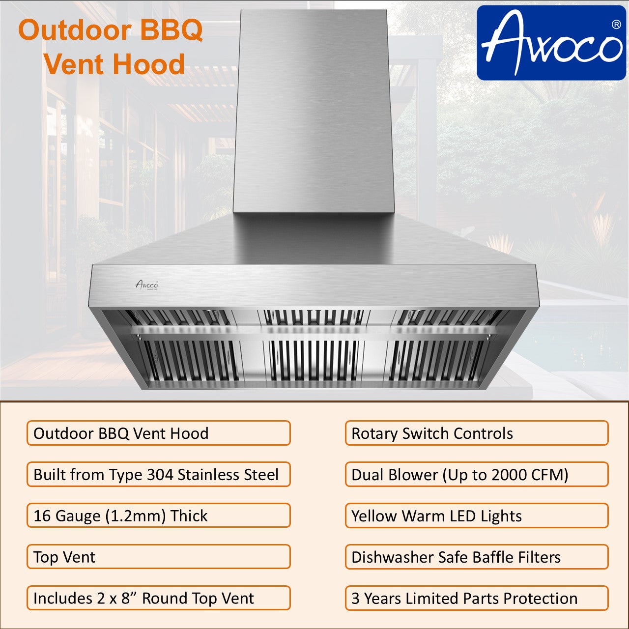 Awoco 48” Outdoor BBQ Wall Mount Vent Hood Type 304 Stainless Steel, 4 Speeds 2000 CFM, Dual Blowers, Adjustable LED Lights, 2 x 8” Round Top Vents